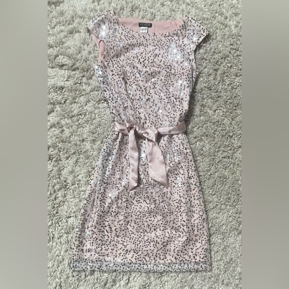 Pink Sequin Dress with Satin Belt
